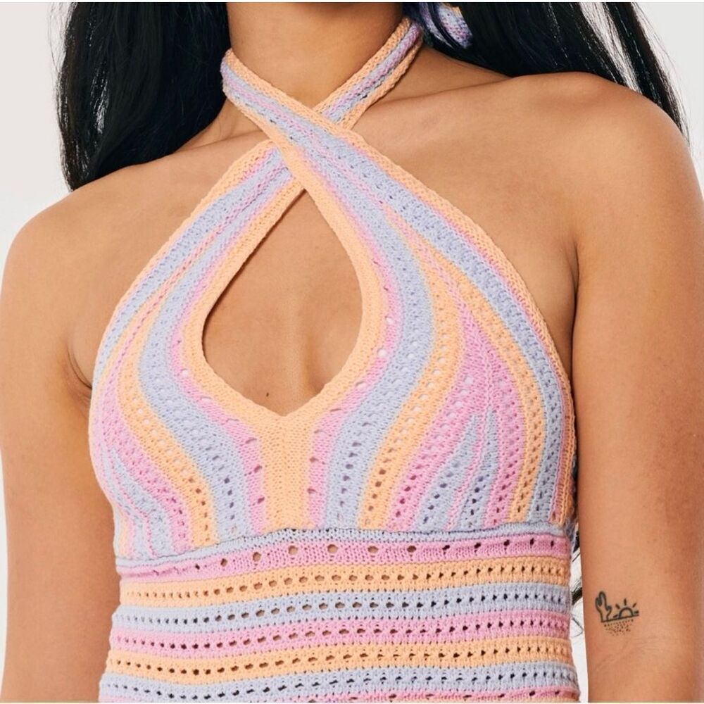 Hollister XS crochet halter crop top pink blue orange sexy shirt